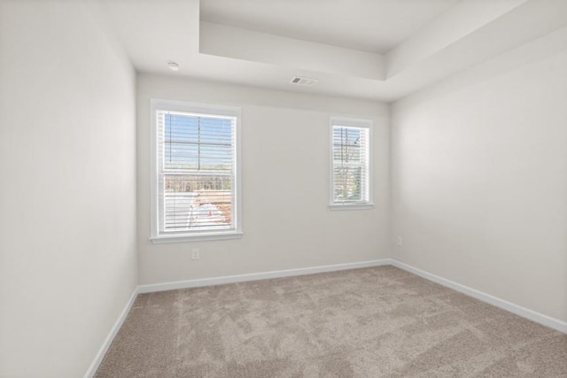 carpeted empty room with a raised ceiling