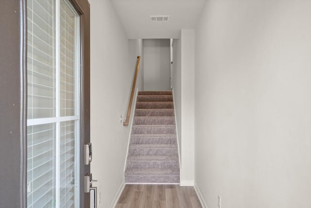 stairway with hardwood / wood-style flooring