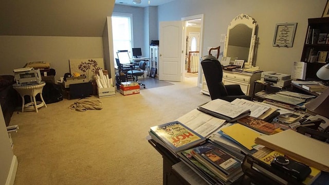 office area featuring light carpet