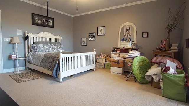 carpeted bedroom with ornamental molding