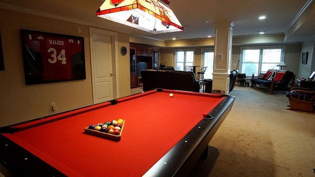 rec room featuring crown molding, carpet flooring, and pool table