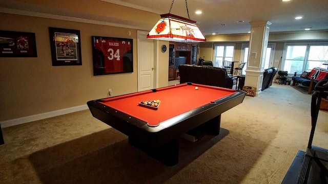 rec room with carpet, pool table, ornate columns, and crown molding