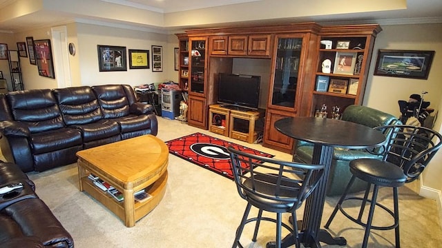 carpeted living room with a tray ceiling, ornamental molding, and bar area