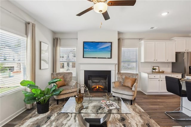 living room with ceiling fan, dark hardwood / wood-style flooring, and a healthy amount of sunlight