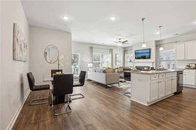 dining area featuring ceiling fan, sink, and dark hardwood / wood-style floors