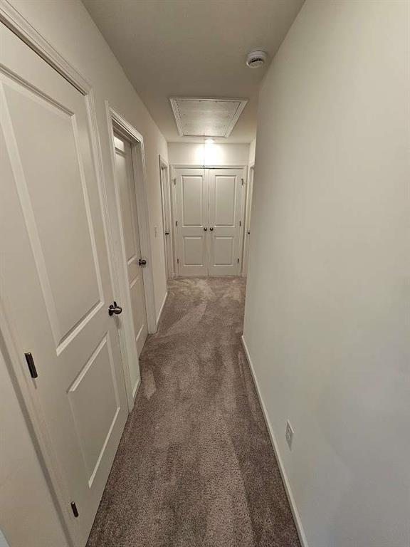 corridor with carpet flooring, attic access, and baseboards