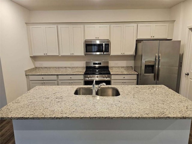 kitchen featuring stainless steel appliances, a sink, and light stone countertops