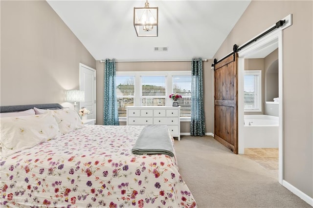 bedroom featuring visible vents, a barn door, light carpet, vaulted ceiling, and baseboards