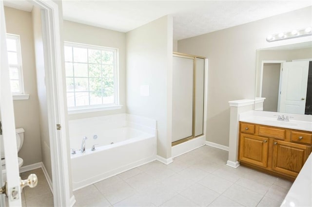 bathroom featuring a garden tub, toilet, a stall shower, and vanity