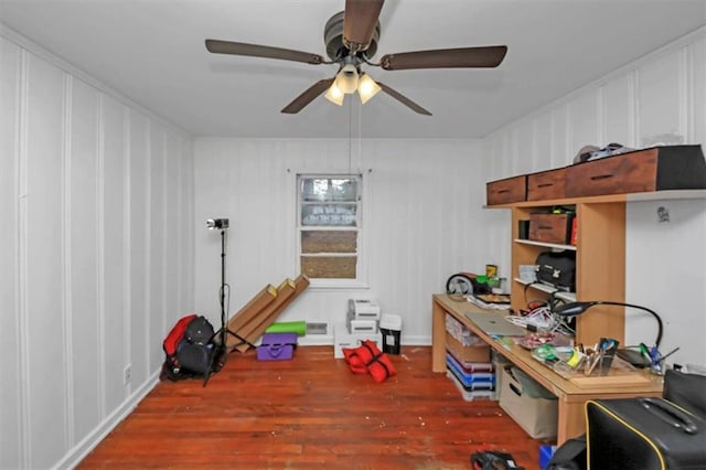 office area with ceiling fan and hardwood / wood-style floors