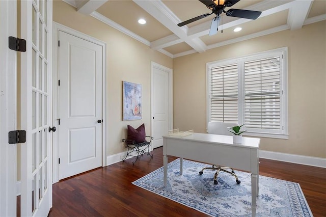 office featuring coffered ceiling, beam ceiling, dark hardwood / wood-style flooring, and crown molding