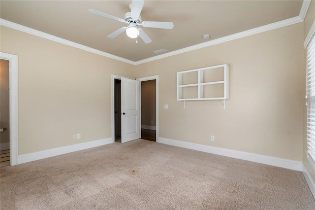 unfurnished bedroom with ceiling fan, ornamental molding, and light colored carpet