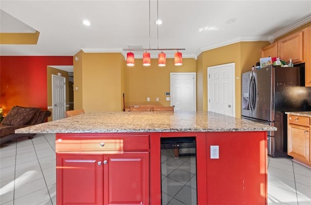 kitchen featuring stainless steel refrigerator with ice dispenser, a kitchen island, beverage cooler, and ornamental molding