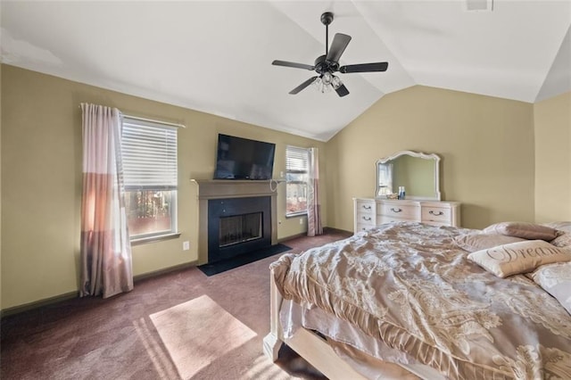 bedroom featuring ceiling fan, light colored carpet, and vaulted ceiling