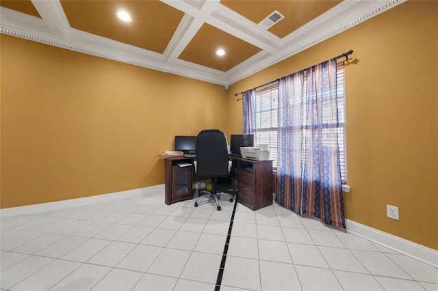 home office with beamed ceiling, ornamental molding, light tile patterned floors, and coffered ceiling