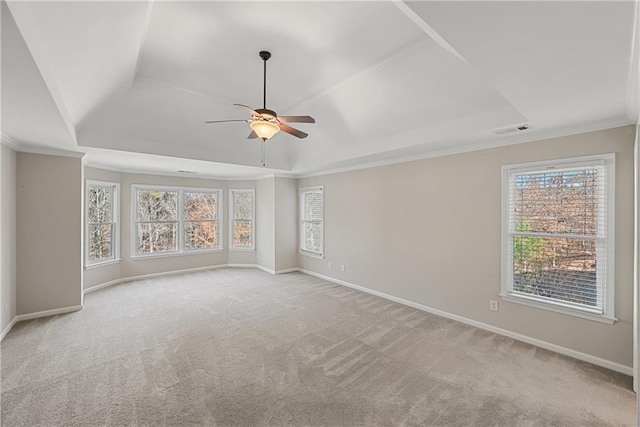 unfurnished room featuring light carpet, a raised ceiling, and ornamental molding