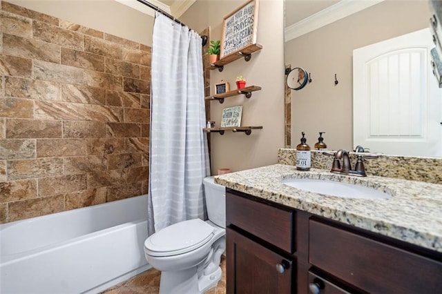 501 Rabun Ct, Canton, GA 30115 - bathroom featuring ornamental molding, vanity, toilet, and shower / bath combo with shower curtain
