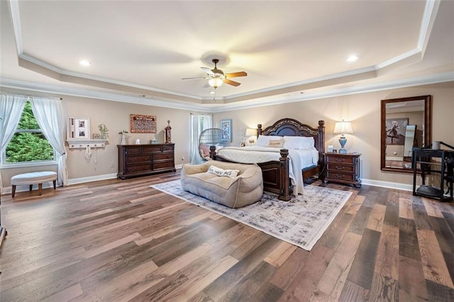 501 Rabun Ct, Canton, GA 30115 - bedroom featuring a raised ceiling, multiple windows, dark wood finished floors, ornamental molding, and baseboards