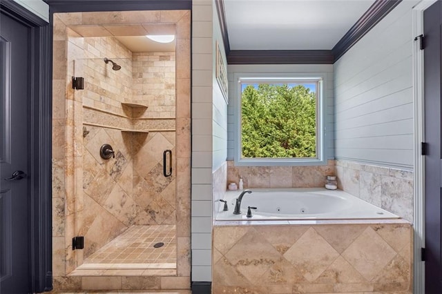 501 Rabun Ct, Canton, GA 30115 - bathroom featuring a whirlpool tub, a shower stall, and ornamental molding