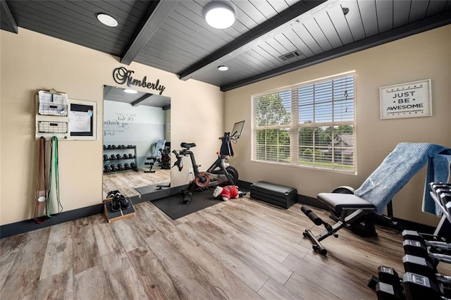 501 Rabun Ct, Canton, GA 30115 - workout area featuring wood finished floors, baseboards, and wooden ceiling