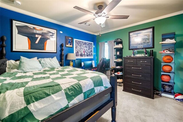 501 Rabun Ct, Canton, GA 30115 - bedroom with carpet floors, crown molding, and a ceiling fan
