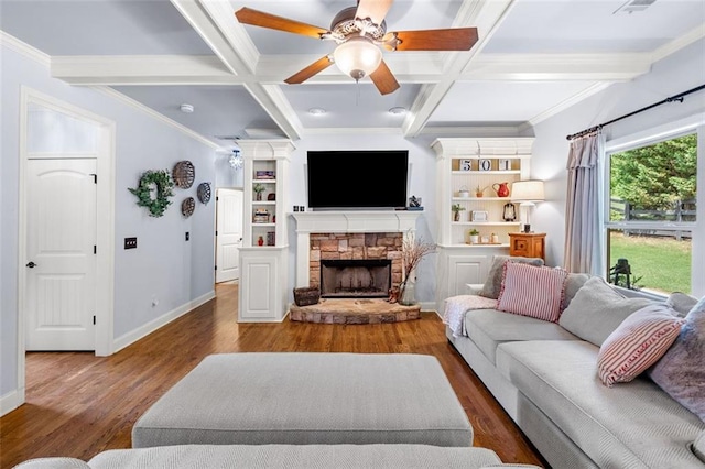 501 Rabun Ct, Canton, GA 30115 - living area featuring wood finished floors, a fireplace, a ceiling fan, baseboards, and coffered ceiling