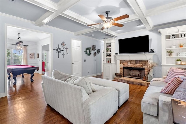501 Rabun Ct, Canton, GA 30115 - living area featuring billiards, coffered ceiling, a ceiling fan, a fireplace, and dark wood-style flooring