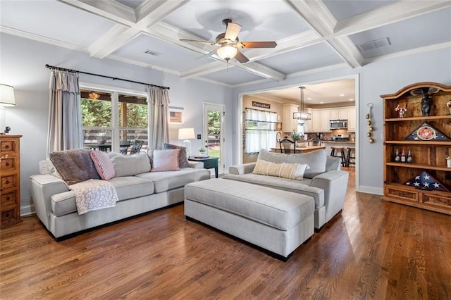 501 Rabun Ct, Canton, GA 30115 - living area featuring coffered ceiling, a ceiling fan, healthy amount of natural light, dark wood-style flooring, and beamed ceiling