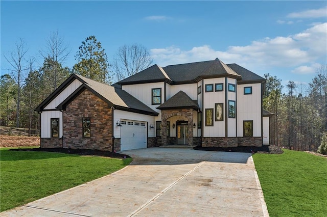 6449 Snelling Mill Rd, Flowery Branch, GA 30542 - view of front facade with driveway, board and batten siding, stone siding, and a front lawn