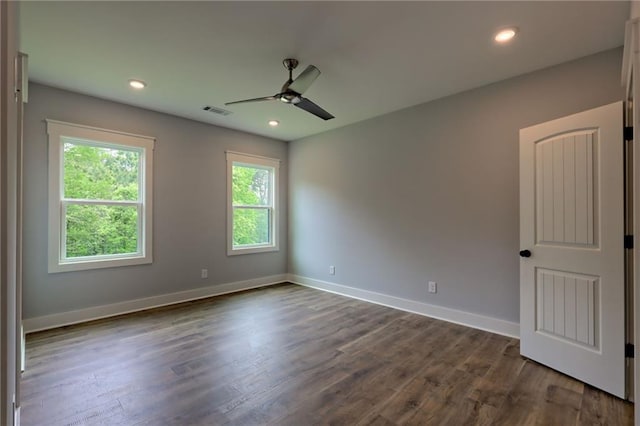 6449 Snelling Mill Rd, Flowery Branch, GA 30542 - spare room featuring a ceiling fan, dark wood-style flooring, baseboards, and recessed lighting