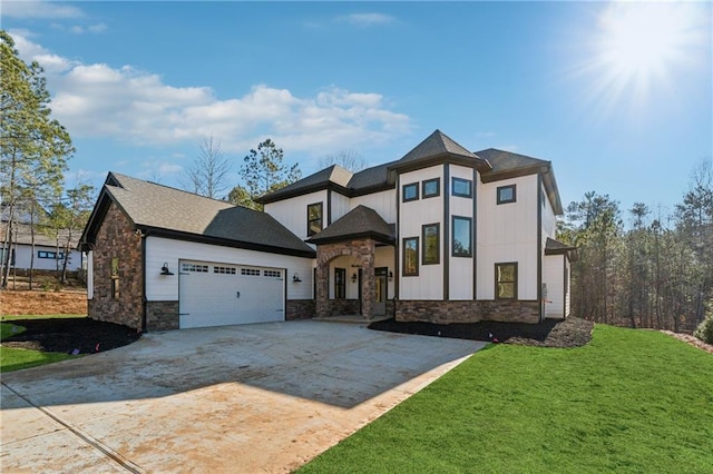 6449 Snelling Mill Rd, Flowery Branch, GA 30542 - view of front of house with stone siding, driveway, a garage, a front yard, and board and batten siding