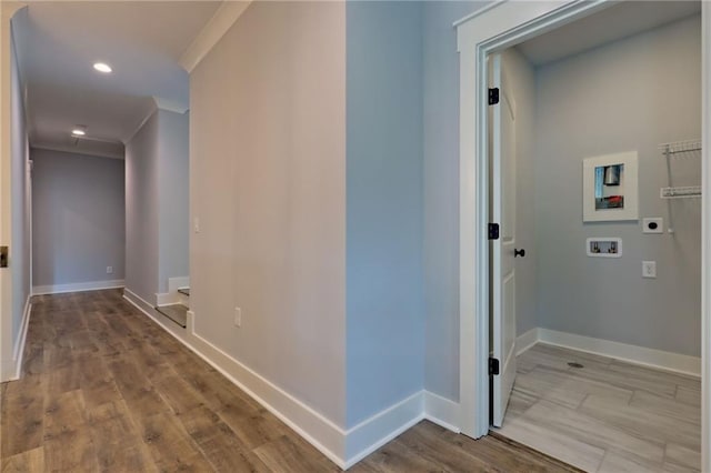 6449 Snelling Mill Rd, Flowery Branch, GA 30542 - hallway with crown molding, baseboards, wood finished floors, and recessed lighting