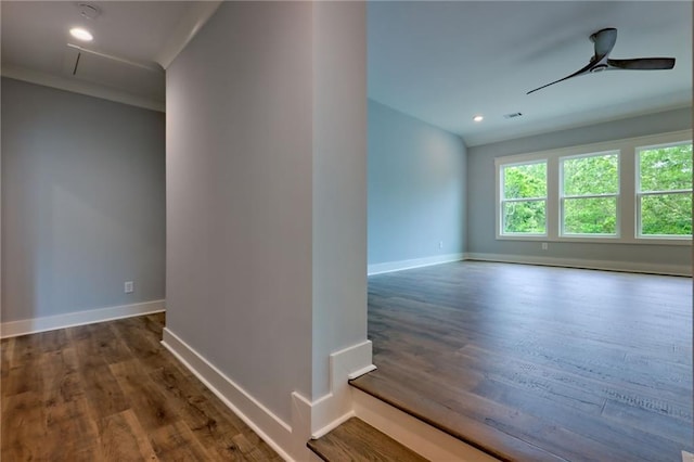 6449 Snelling Mill Rd, Flowery Branch, GA 30542 - unfurnished room with wood finished floors, baseboards, a ceiling fan, and recessed lighting