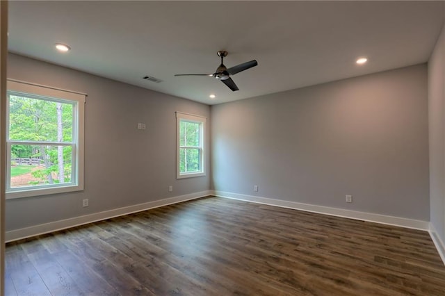 6449 Snelling Mill Rd, Flowery Branch, GA 30542 - unfurnished room featuring dark wood-type flooring, baseboards, a ceiling fan, and recessed lighting