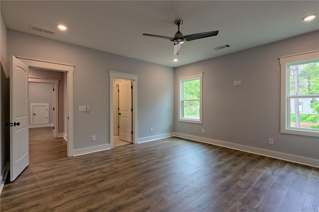 6449 Snelling Mill Rd, Flowery Branch, GA 30542 - unfurnished bedroom featuring dark wood-style floors, baseboards, recessed lighting, and ceiling fan