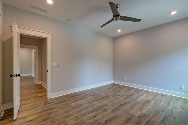 6449 Snelling Mill Rd, Flowery Branch, GA 30542 - empty room featuring ceiling fan, baseboards, dark wood-style flooring, and recessed lighting