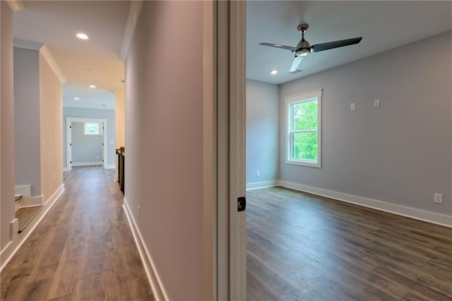 6449 Snelling Mill Rd, Flowery Branch, GA 30542 - hallway featuring dark wood-style floors, baseboards, and recessed lighting