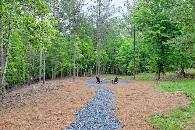 6449 Snelling Mill Rd, Flowery Branch, GA 30542 - view of yard featuring an outdoor fire pit and a wooded view