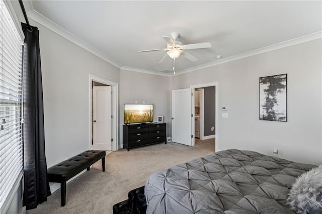 bedroom featuring ceiling fan, ornamental molding, and carpet flooring