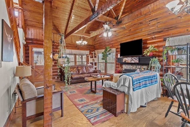 living room featuring beam ceiling, high vaulted ceiling, rustic walls, and wood ceiling