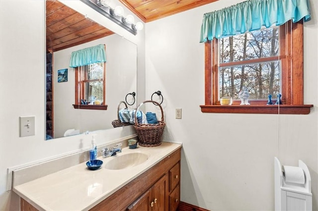 bathroom with vanity and wooden ceiling