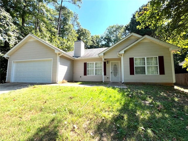 ranch-style house featuring concrete driveway, an attached garage, a front yard, and a chimney