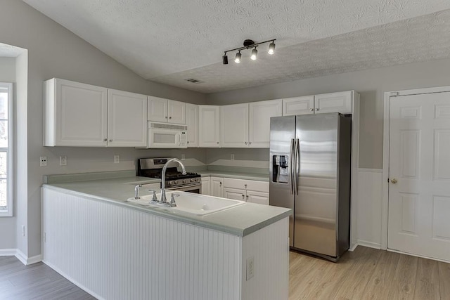 kitchen featuring light countertops, a peninsula, light wood finished floors, and stainless steel appliances