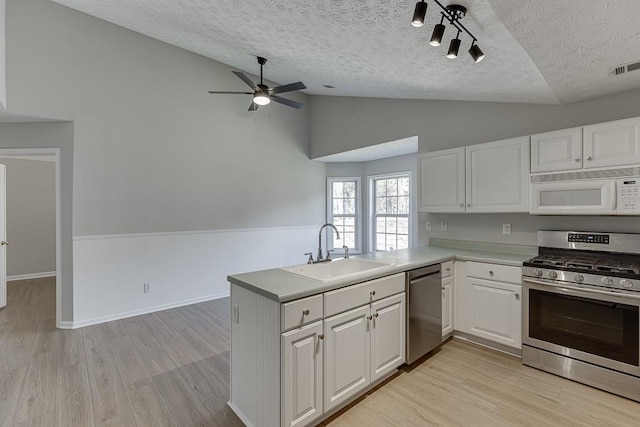 kitchen with light wood finished floors, lofted ceiling, stainless steel appliances, white cabinetry, and a sink