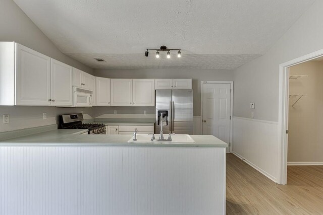 kitchen with light wood-type flooring, a sink, stainless steel appliances, a peninsula, and light countertops