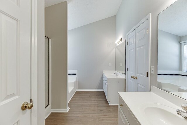 full bathroom with a garden tub, two vanities, a sink, wood finished floors, and a shower stall