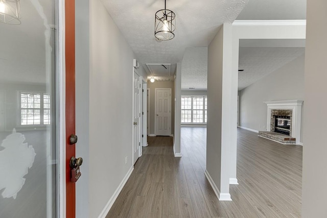 hall with wood finished floors, baseboards, and a textured ceiling