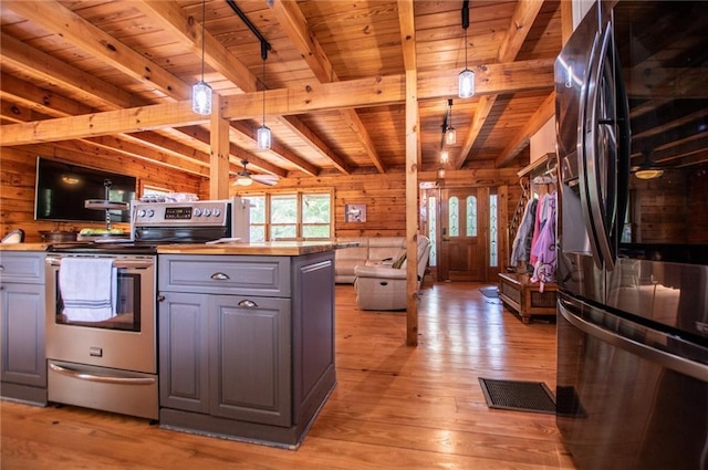 kitchen featuring wooden walls, wooden ceiling, gray cabinets, and stainless steel appliances