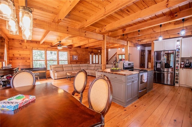 kitchen with appliances with stainless steel finishes, ceiling fan, wood ceiling, and light wood finished floors