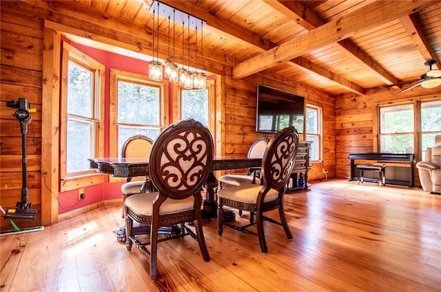 living area featuring ceiling fan, beam ceiling, wooden ceiling, wooden walls, and light wood-style floors
